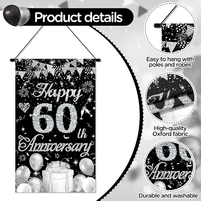 60th Anniversary Decorations Small Banner Black Silver Happy 60th Anniversary - Image 7