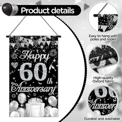 60th Anniversary Decorations Small Banner Black Silver Happy 60th Anniversary - Image 7