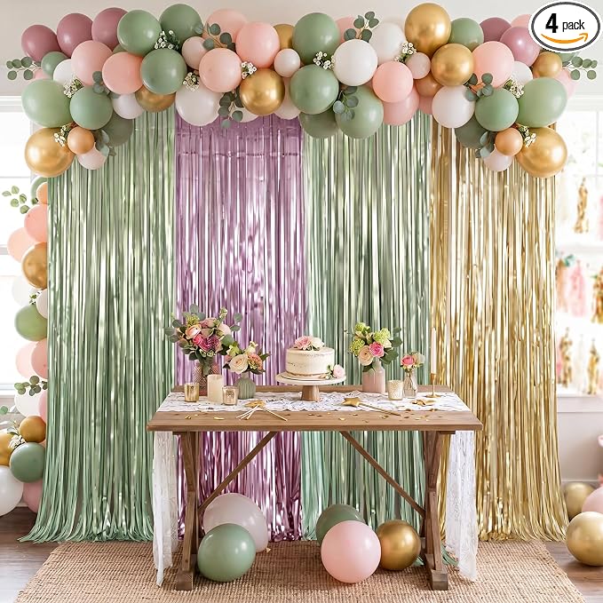 Frienda 4pcs Sage Green and Pink Party Decorations 6.6ft Fringe Curtains by Frienda