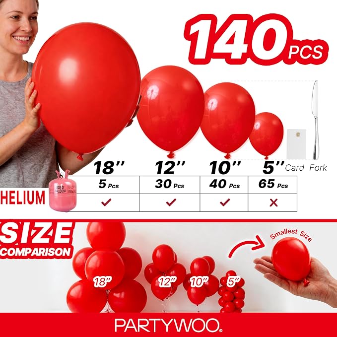 PartyWoo Red Balloons 140pcs Different Sizes of 18 12 10 5 Inch | Balloons - Image 6