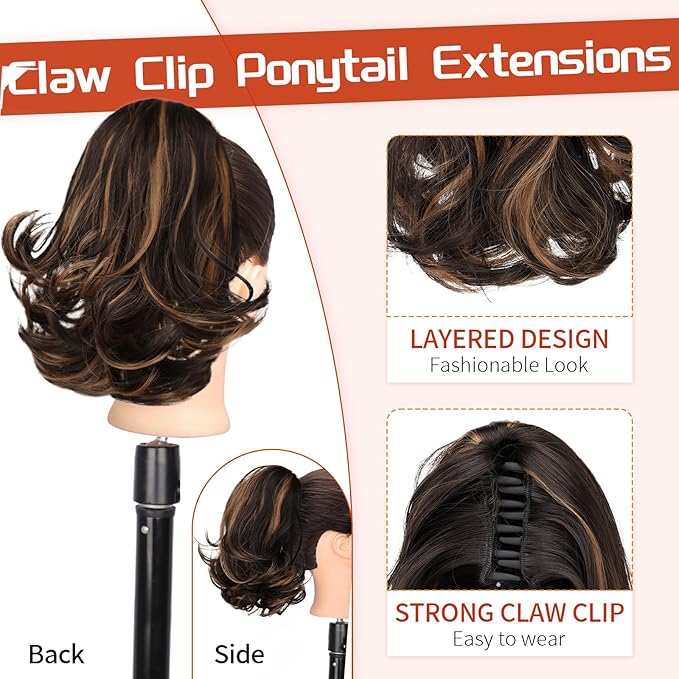 KooKaStyle Ponytail Extension, 10" Short Claw Clip in Pony Tails Hair Extensions Curly Wavy Synthetic Drawstring Hairpieces for Women(Dark Brown with Auburn Highlight)