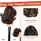KooKaStyle Ponytail Extension, 10" Short Claw Clip in Pony Tails Hair Extensions Curly Wavy Synthetic Drawstring Hairpieces for Women(Dark Brown with Auburn Highlight)