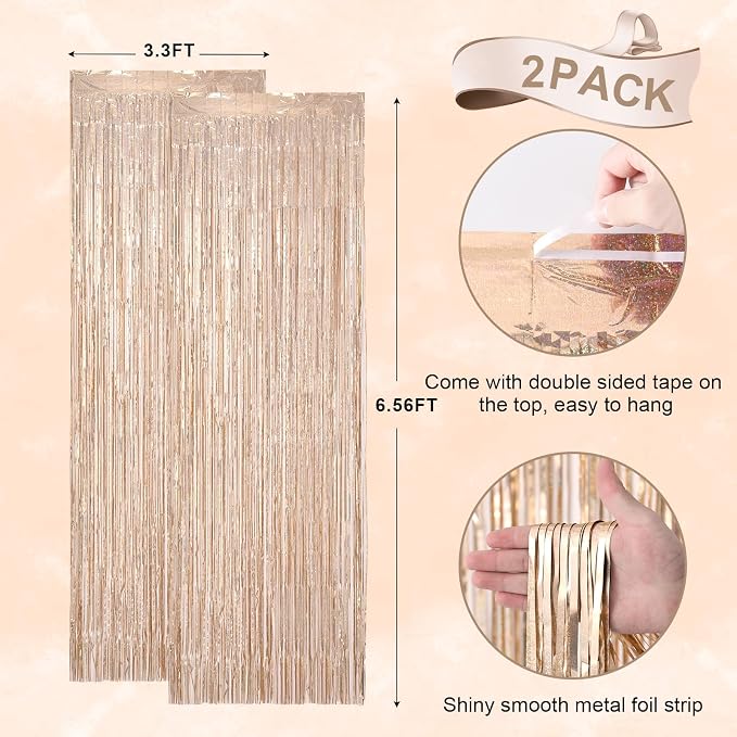 Voircoloria Laser Champagne Foil Fringe Backdrop Curtains, 2 Pack | Tinsel - Image 3
