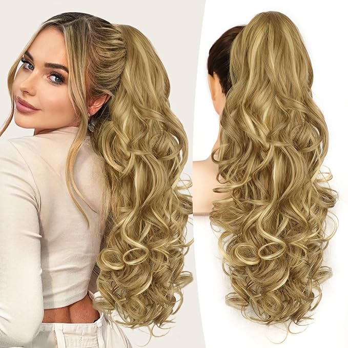 ALXNAN Ponytail Extension,24 Inch Claw Clip in Long Curly Wavy Medium Blonde with Blonde Highlights Ponytail Hair Extension Jaw Clip on Pony Tails Hairpiece for Women