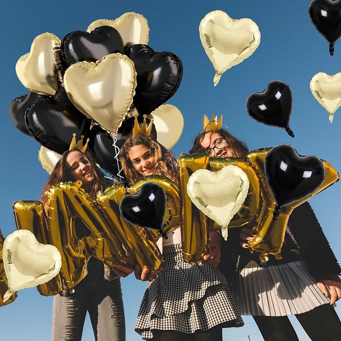 Black Gold Foil Heart Balloons, 18 Inch 10 Pcs Light Gold and Black Heart Shape - Image 3
