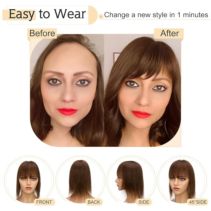 SEGO Hair Toppers for Women Real Human Hair With Bangs, 7 * 13CM Silk Base 100% Remy Human Hair Clip in Top Wiglet Hairpieces Add Volume -10 Inch Medium Brown