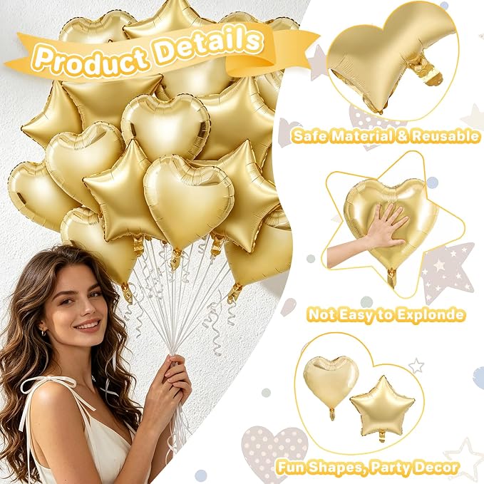 TONIFUL 18 Inch Lingt Gold Star and Heart Foil Balloons - Image 4