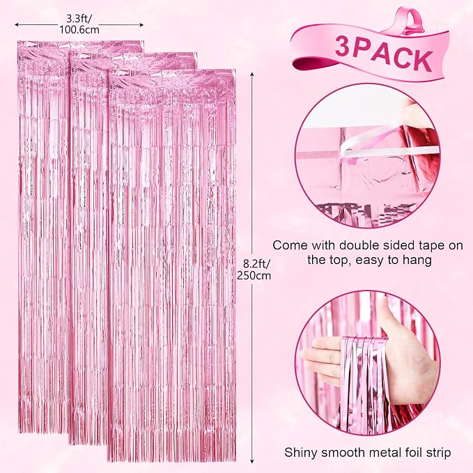 Voircoloria 3 Pack 3.3 x 8.2 ft Light Pink Foil Fringe Backdrop Curtains - Image 3