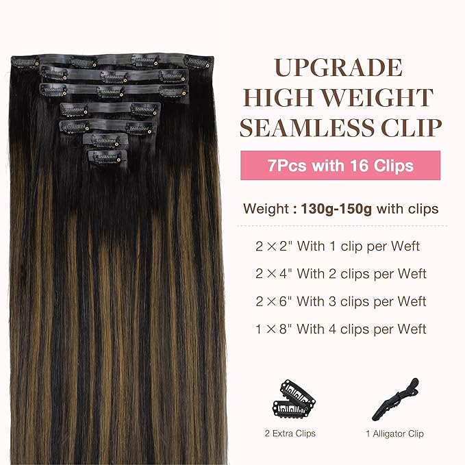 GOO GOO Clip in Hair Extensions Real Human Hair, Remy Human Hair Extensions Clip ins for Women, Natural Human Hair, 16inch 130g 7Pcs, 1B/6/1B Balayage Natural Black to Chestnut Brown