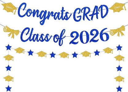 Blue and Gold Graduation Decorations Banner 2026, Glitter Blue and Gold Class by Unknown