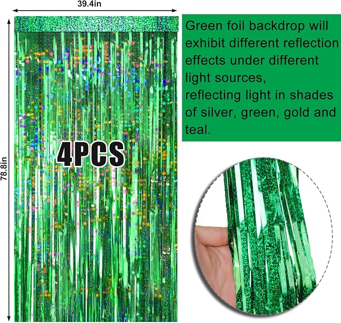 4 Packs Green Foil Fringe Curtain, Baby Shower, Hawaiian Luau, Dinosaur Jungle - Image 6