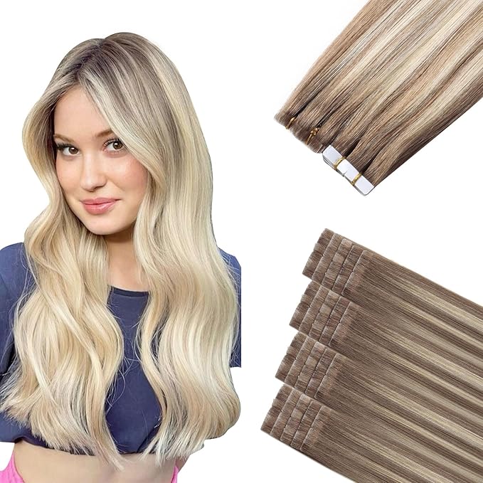 Sindra Invisible Tape in Human Hair Extensions Ash Brown to Platinum Blonde Injected Tape-ins Straight Seamless Invisible Extensions Straight 14 Inch 40g 20pcs