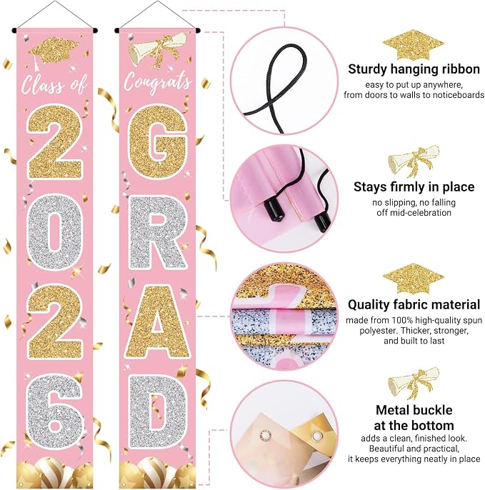 Graduation Decorations 2026, Class of 2026 Banner Congrats Grad | Pink Porch - Image 3