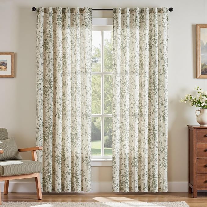 jinchan Green Floral Linen Curtains 84 Inch Farmhouse Back Tab 2 Panels | Light by JINCHAN