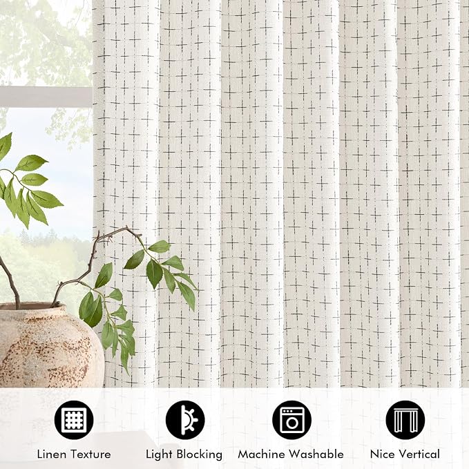 MIULEE Patterned Farmhouse Linen Curtains, Back Tab, Pure White | Linen Curtains - Image 4