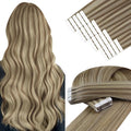 YoungSee Tape in Human Hair Extensions Brown Highlight Tape Extensions Human Hair Light Brown with Blonde Highlight Hair Extension Tapes in Add Length 18 Inch 20pcs 50g