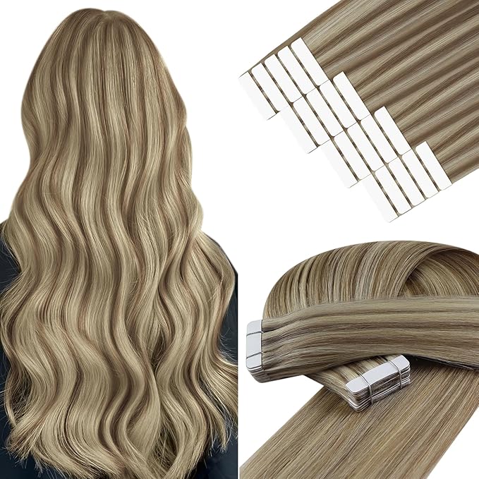 YoungSee Invisible Tape in Hair Extensions for Girls Tape ins Human Hair Extensions Light Brown Highlights Blonde Tapes Hair Extension Real Human Hair for Women Long Straight Hair 22In 20pcs 50g
