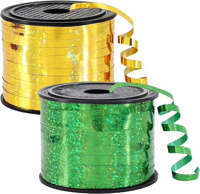 BEISHIDA 2 Pack 100 Yards Green Gold Curling Crimped Glitter Ribbon Balloon by Beishida
