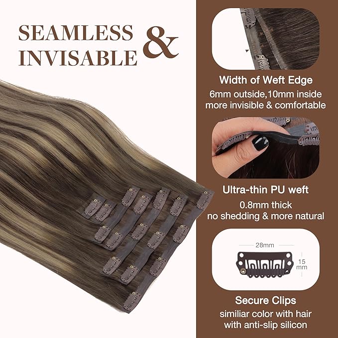 GOO GOO Clip in Hair Extensions Real Human Hair, Remy Human Hair Extensions Clip ins for Women, Natural Human Hair, 12inch 85g 7Pcs, #4/26/4 Balayage Chocolate Brown to Honey Blonde