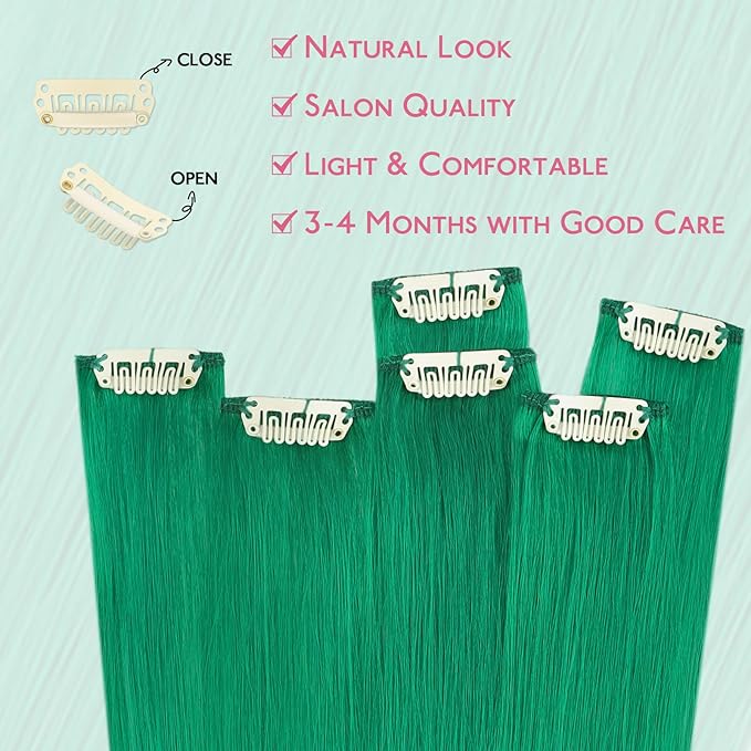 WENNALIFE Green Clip in Hair Extensions Real Human Hair 35g 6pcs 14 Inch Colored Hair Extensions for Kids Women Colorful Hair Pieces Pop-up Style Straight Extensiones De Cabello Humano Con Clip