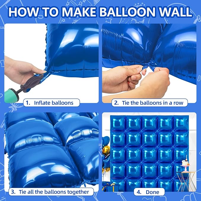 NISOCY 25PCS Metallic Blue Square Foil Balloons Wall Backdrop | Double Sided - Image 4