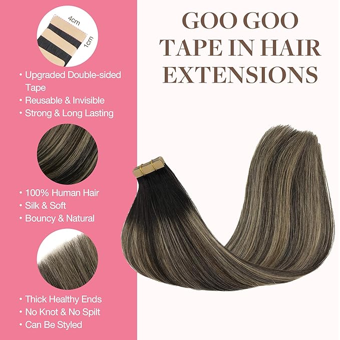 GOO GOO Tape in Hair Extensions Human Hair, 1B/19/1B Natural Black to Light Blonde, 16inch 50g 20pcs, Skin Weft Seamless Invisible, Silky Straight with Thick Ends, Remy Human Hair