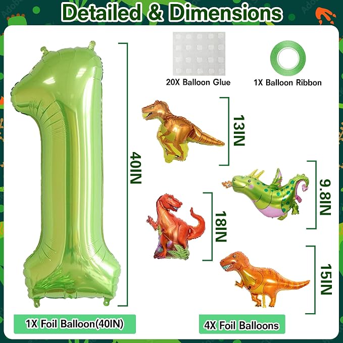 Dinosaur 1st Birthday Decorations 40 Inch Giant Green Number 1 Foil Balloon | - Image 2