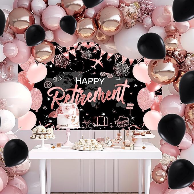 Mocsicka Happy Retirement Backdrop Pink Rose Gold Balloons Women Happy - Image 2
