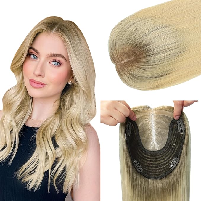 Hair Toppers for Women Real Human Hair 6x7 inch 150 Density Base 14 inch 65 grams ombre Ash Brown to Platinum Blonde for Women with Thinning Hair Cover Gray Roots（#8T60 14inch）