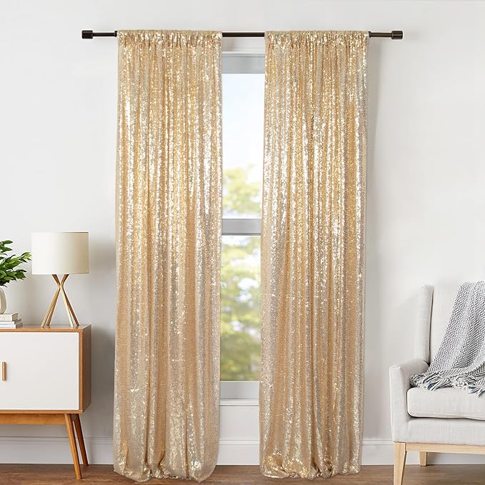 ShinyBeauty Gold Sequin Backdrop Panels 2FTx8FT Sparkly Light Gold Drapes - Image 5