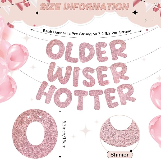 Fulmoon Set of 3 Pre Strung Older Wiser Hotter Glitter Banner Funny Birthday - Image 2