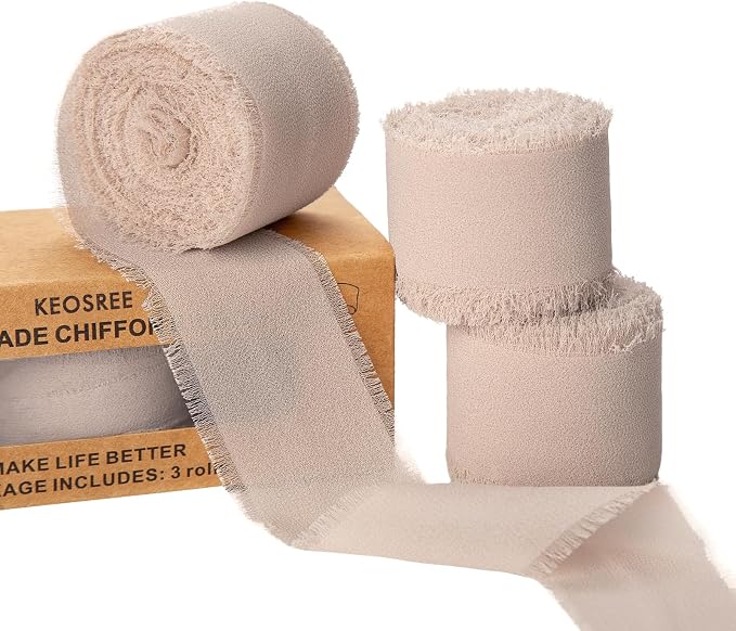 KEOSREE 3 Rolls Light Nude Handmade Chiffon Ribbon, 1.5" x 21Yd Light Khaki by KEOSREE