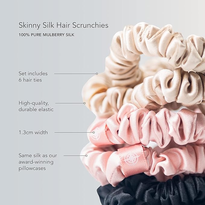 Fishers Finery 25 Momme Pure Mulberry Silk Skinny Scrunchies | Hair Tie Set for Thin Hair (Black|Pink|Champagne- 6 Pk)