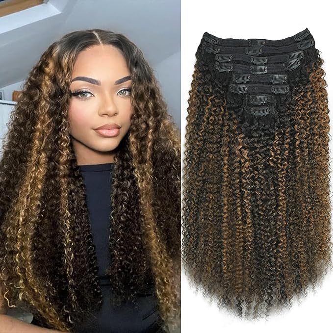 3c 4a Curly Clip in Hair Extensions T1BP1B/30 Omber Kinky Curly Clip ins For Women Brazilian Virgin Clip on Hair (22inch,T1BP1B/30)