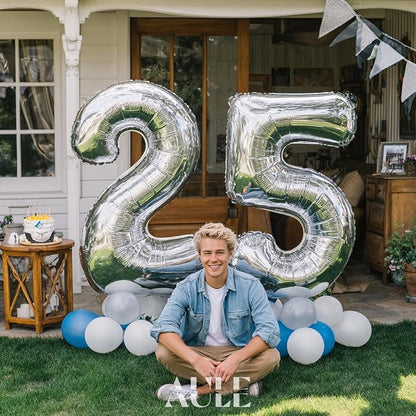 AULE 40 Inch Silver 25 Balloon Number Foil 0-9 Birthday Big Numbers | Birthday - Image 2