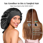 YFONG 100% 22 Momme Mulberry Silk Bonnet for Sleeping Women, Larger Double Layer Silk Hair Wrap for Curly Short Long Hair, Non-Slip Sleep Cap Turban with Elastic Tie Band for Hair Care, Black