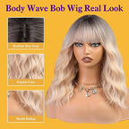Curly Bob Wig with Bangs Short Wavy Ombre Blonde Wigs for Women Lob Haircut Synthetic Heat Resistant Bob Wigs 14IN