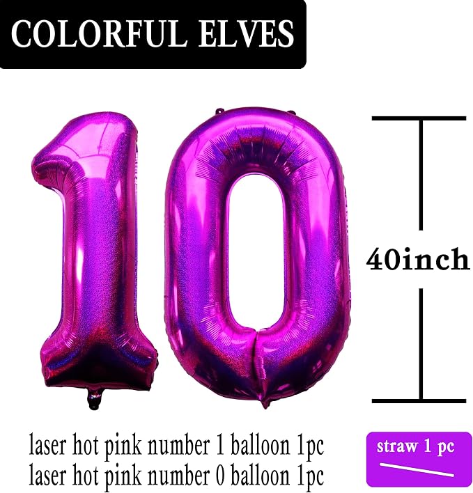 Laser Hot Pink Number 10 Balloons 40 Inch Giant Number Pink 10 Foil Mylar - Image 2