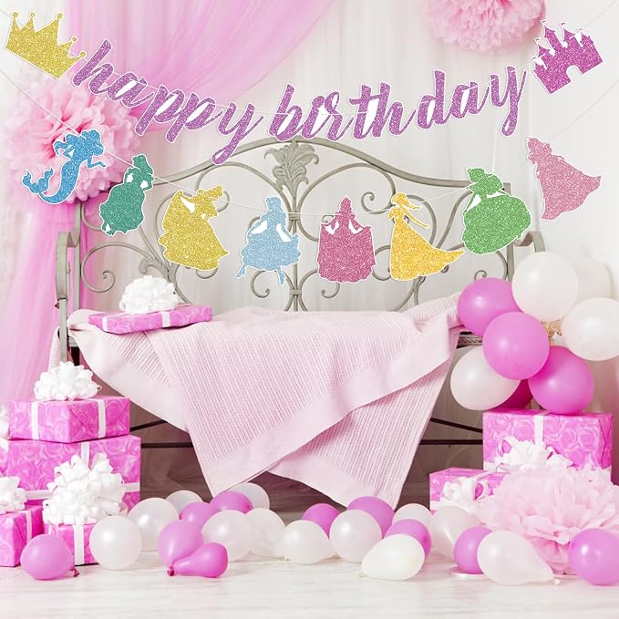 Princess Birthday Banner Glitter Happy Birthday Banner Princess Banner Garland - Image 7
