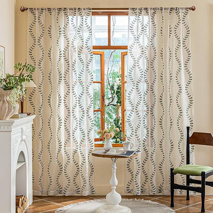 2 Panels Linen Leaf String Floral Embroidered Semi Sheer Curtain Farmhouse - Image 2