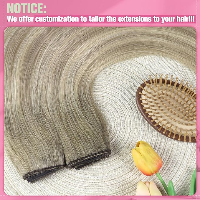 YoungSee Wire Hair Extensions Real Human Hair Ash Blonde Wire Human Hair Extensions Balayage Ash Mix Platinum Blonde One Piece Hair Extension with Extra Clips for Women 16inch 80g