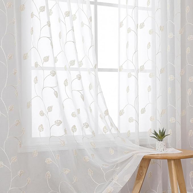 Beige Sheer Curtains Decorative Embroidered Leaf 63 Inches Long | Light by VISIONTEX