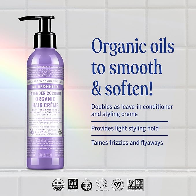 Dr. Bronner's Organic Hair Crème Leave-In Conditioner Styling Cream Anti Frizz Hair Product for Women & Men Hair Cream USDA Organic, Cruelty Free, Lavender Coconut & Peppermint - 6oz 2 Pack