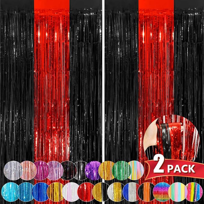 Black Red Tinsel Foil Fringe Curtains, 2 Pack 3.3x8.3 Feet Party Streamer by NUWDHP