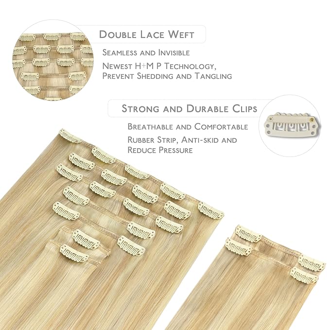 WENNALIFE Clip in Hair Extensions, 150g 14 Inch 9pcs Light Blonde Highlighted Golden Blonde Human Hair Extensions Thicker Real Human Hair Clip Set Double Weft