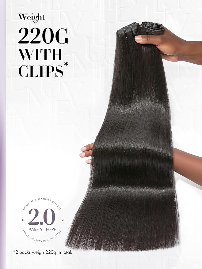 LUVME Invisible Clip in Hair Extensions, Yaki Straight Real Human Hair 14 Inch 2 Pack 220g 12pcs Clip ins Hair Extensions Natural Black for Women