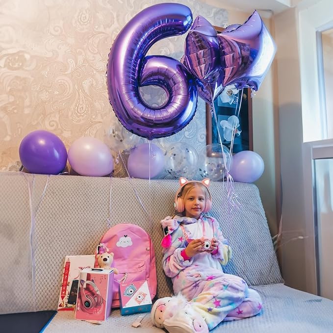 Purple Number 6 Balloon for Girls 6th Birthday, 40 Inch Number Foil Balloon 6 - Image 4