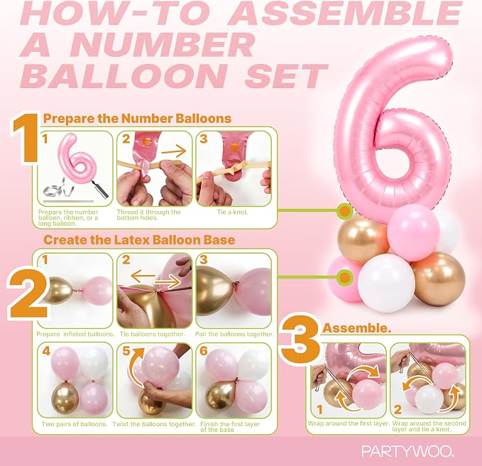 PartyWoo Number Balloons 40 Inch Pink Number 6 Kit 25pcs - Image 7