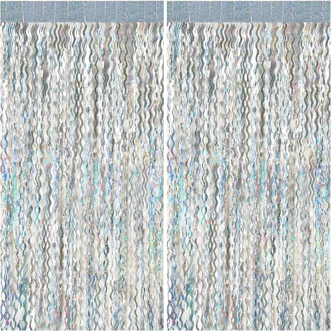 2 Pack Silver Backdrop Curtain Tinsel Streamers Sparkle Metallic Wavy Foil by BOMSI