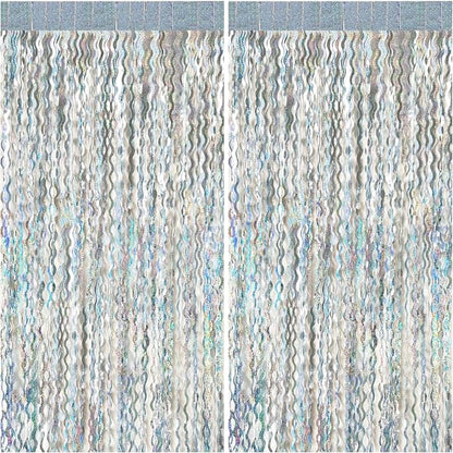2 Pack Silver Backdrop Curtain Tinsel Streamers Sparkle Metallic Wavy Foil by BOMSI